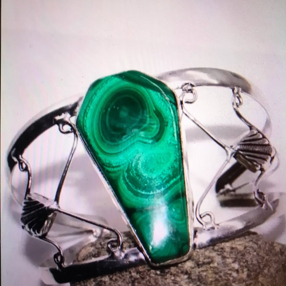 Malachite Stamped 925 Sterling Silver Cuff Bracelet